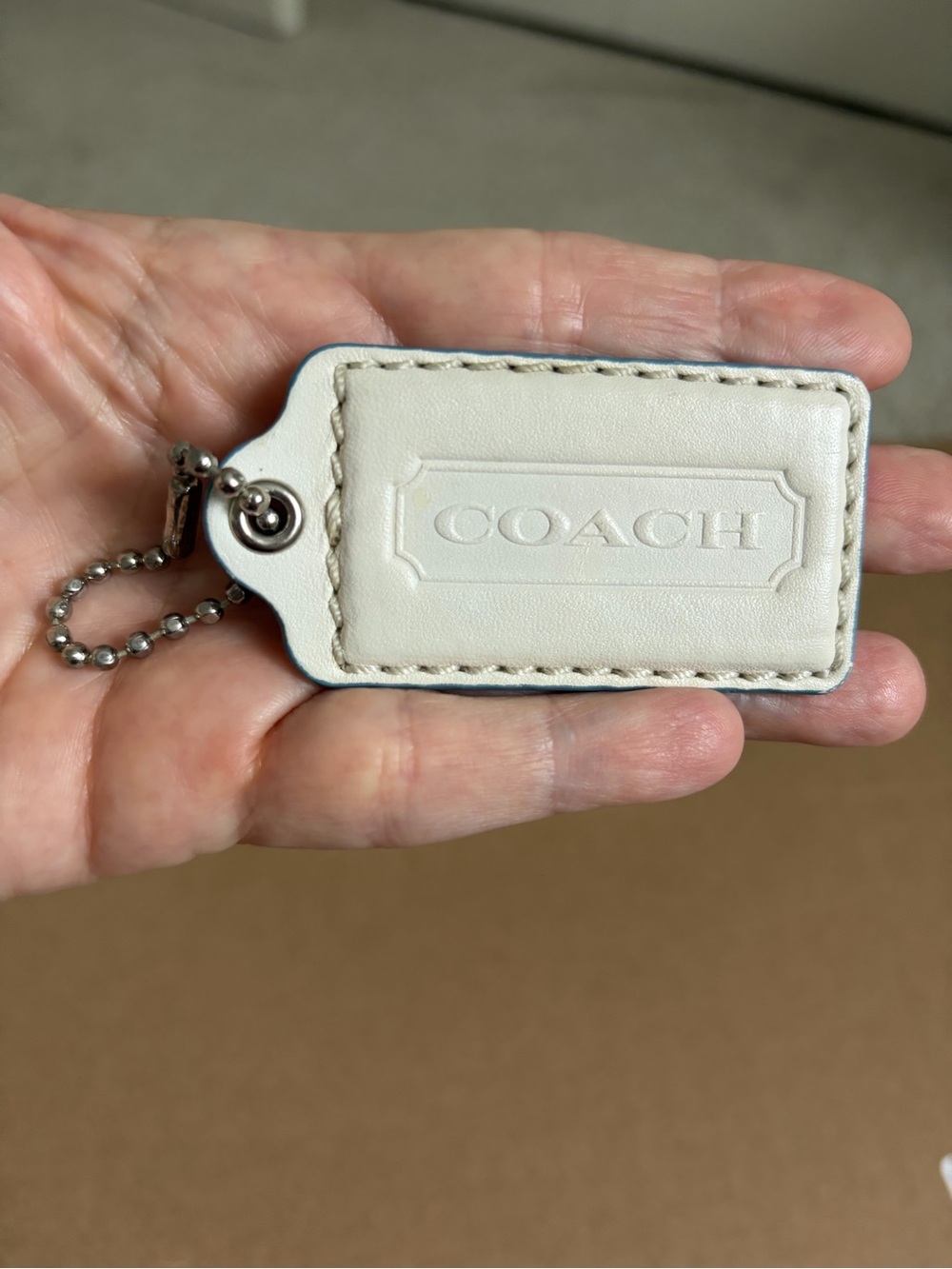 Coach white Hangtag with Blue trim with Ball Chain